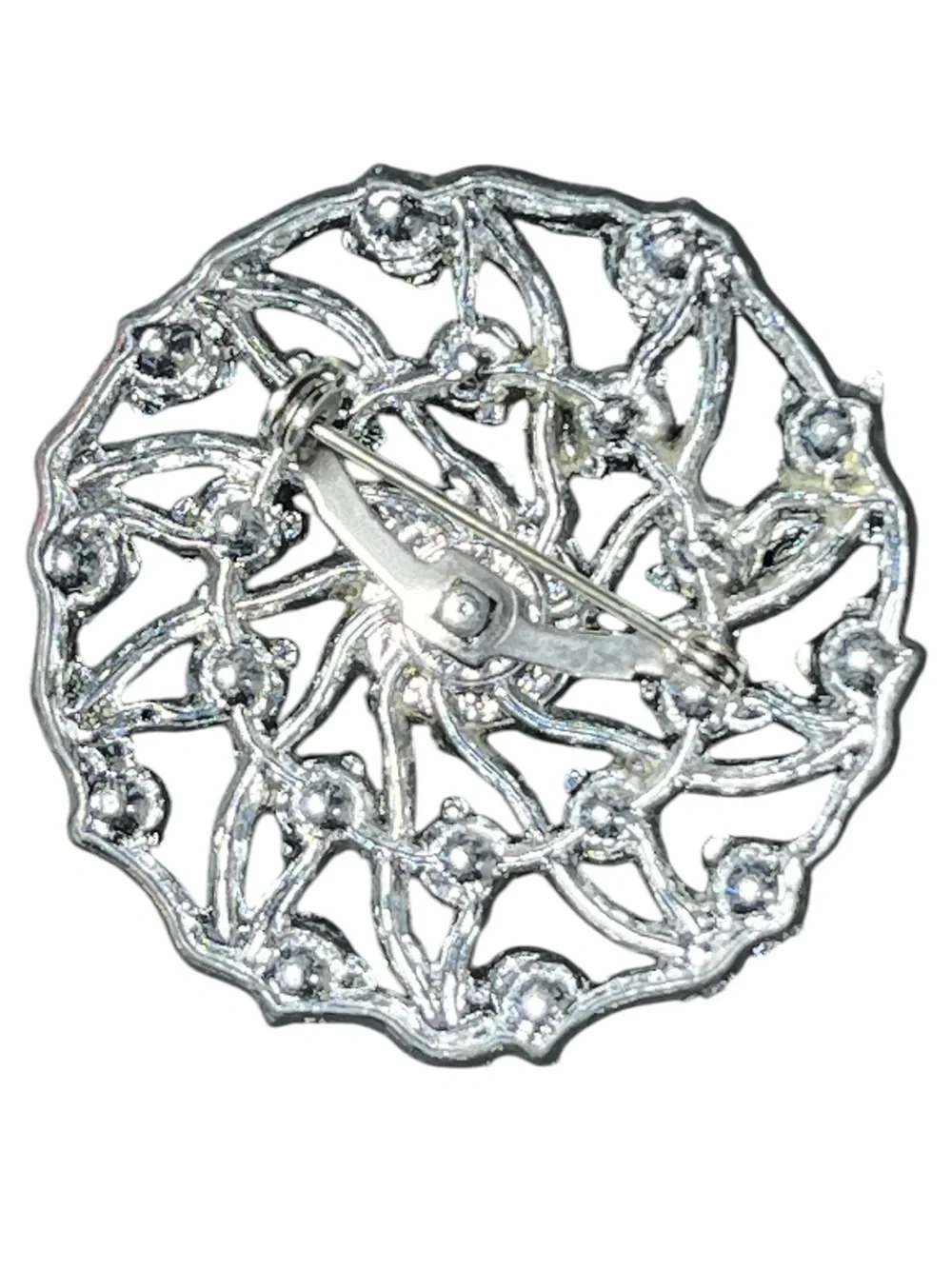 Vintage AB Crystal Rhinestone Silver Filigree Round Brooch